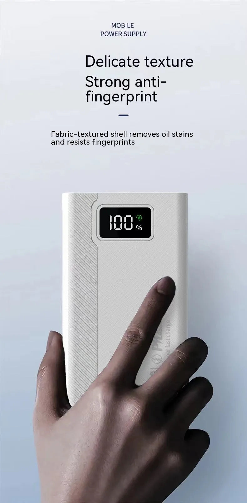 Large capacity power bank in black or white plastic casing with dimensions 150mm x 76mm