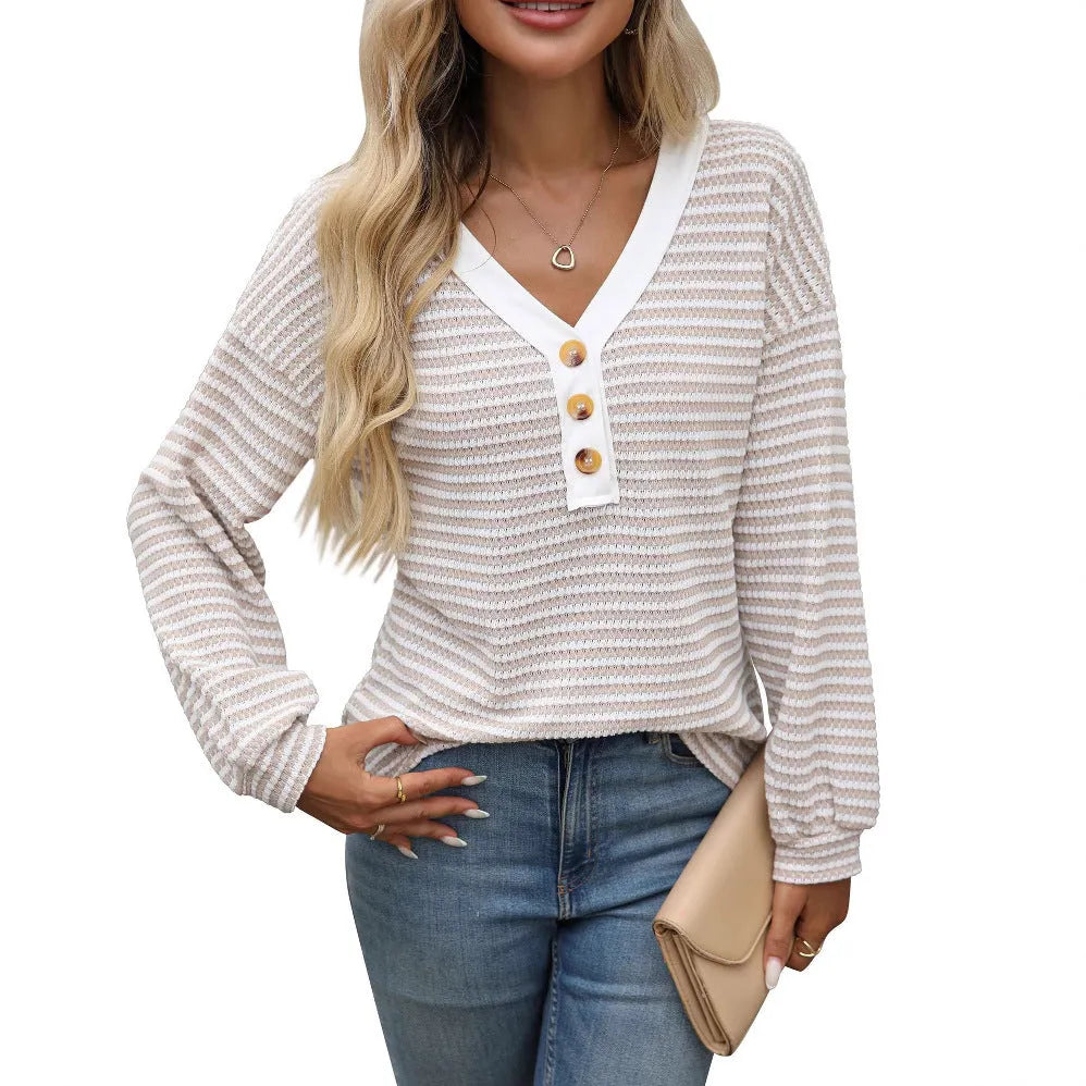 Women's V-neck pullover top with patchwork detailing in polyester fabric, loose street fashion style