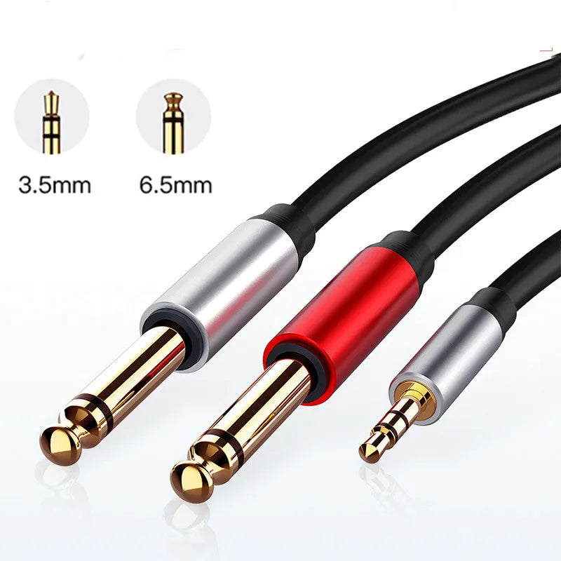 3.5mm stereo to dual 6.5mm mono male audio cable on a white background.