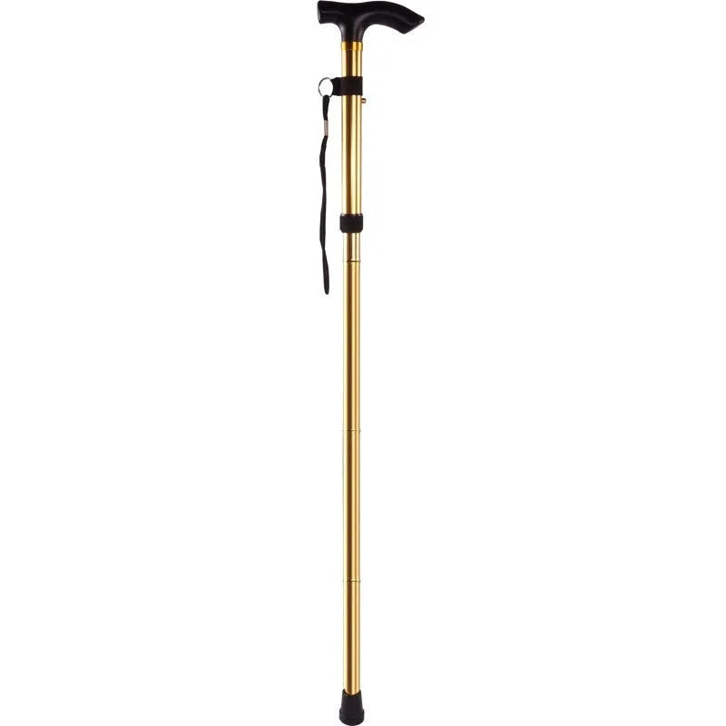 Adjustable aluminium folding walking cane in silver extended to show length, with non-slip handle.
