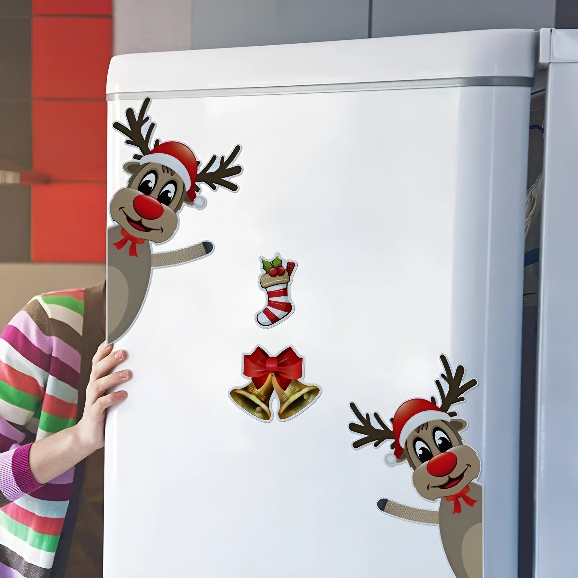Christmas cartoon elk and bell magnetic car bumper stickers with luminous reflective surfaces