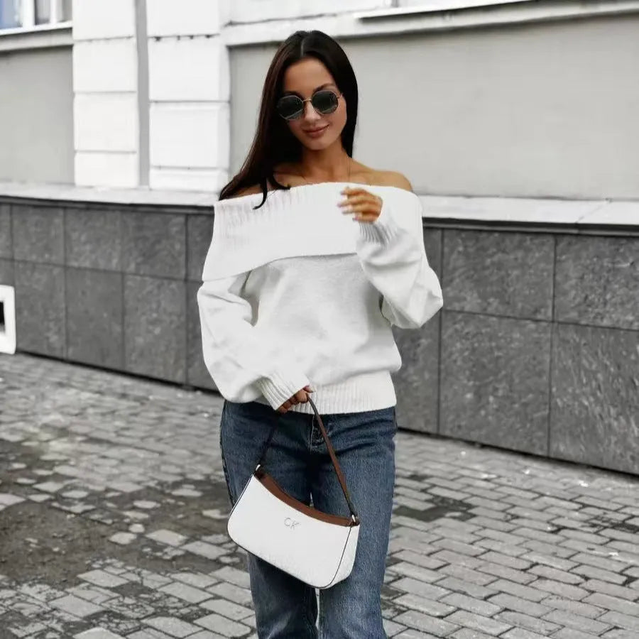 Women's off-the-shoulder sweater with 3D pattern in grey, white or wine red acrylic fabric