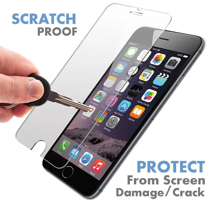 Transparent tempered glass screen protector for iPhone on a white background
