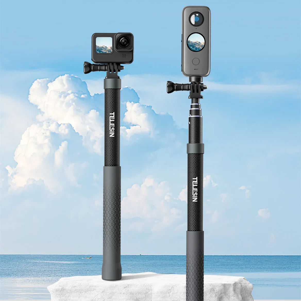 Extendable carbon fibre selfie stick collapsed to 32cm and extended to 120cm showing aluminium alloy shaft and silica gel handle for GoPro Insta360