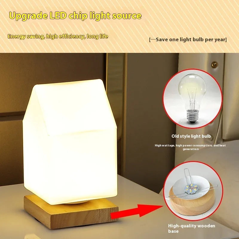 Nordic solid wood USB table lamp with touch dimming in cube style on bedside table
