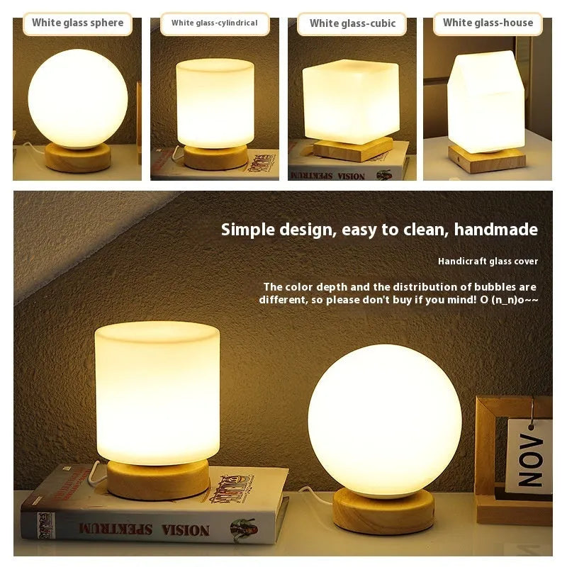 Nordic solid wood USB table lamp with touch dimming in cube style on bedside table