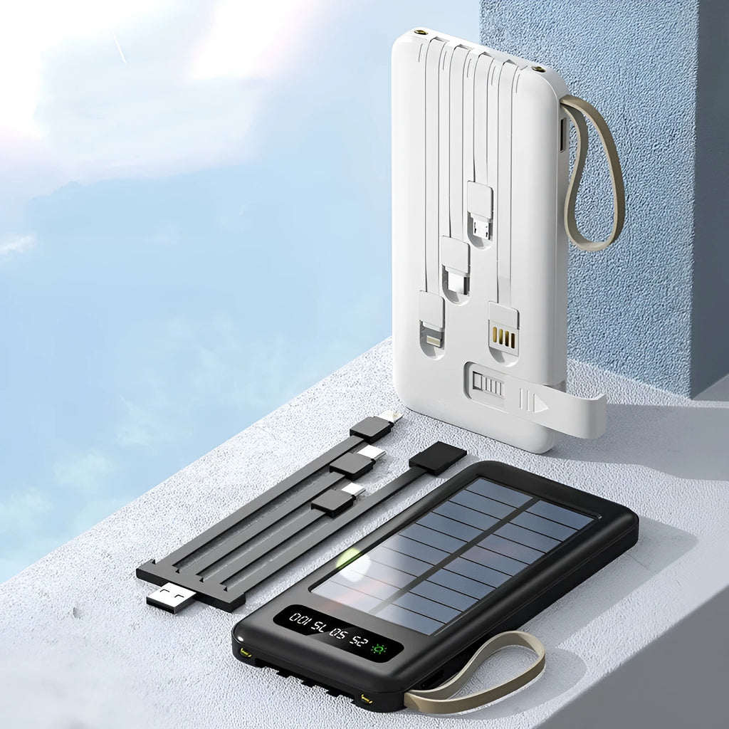 Solar power bank in black or white with 20000mA or 30000mA capacity measuring 144mm by 68mm
