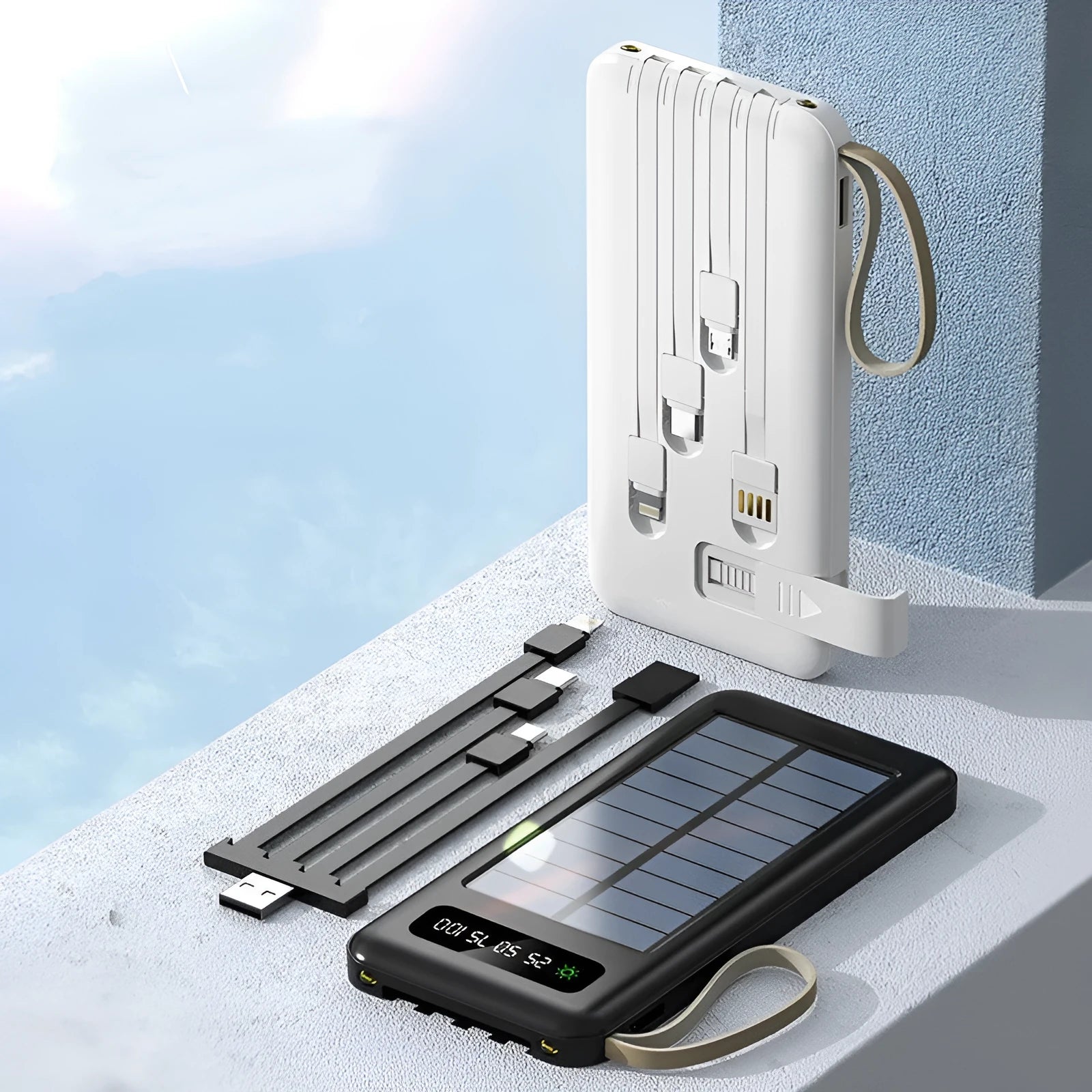 Solar power bank in black or white with 20000mA or 30000mA capacity measuring 144mm by 68mm