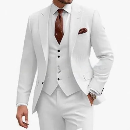 Men's slim fit three-piece suit in a chemical fibre blend, shown in a selection of available colours.