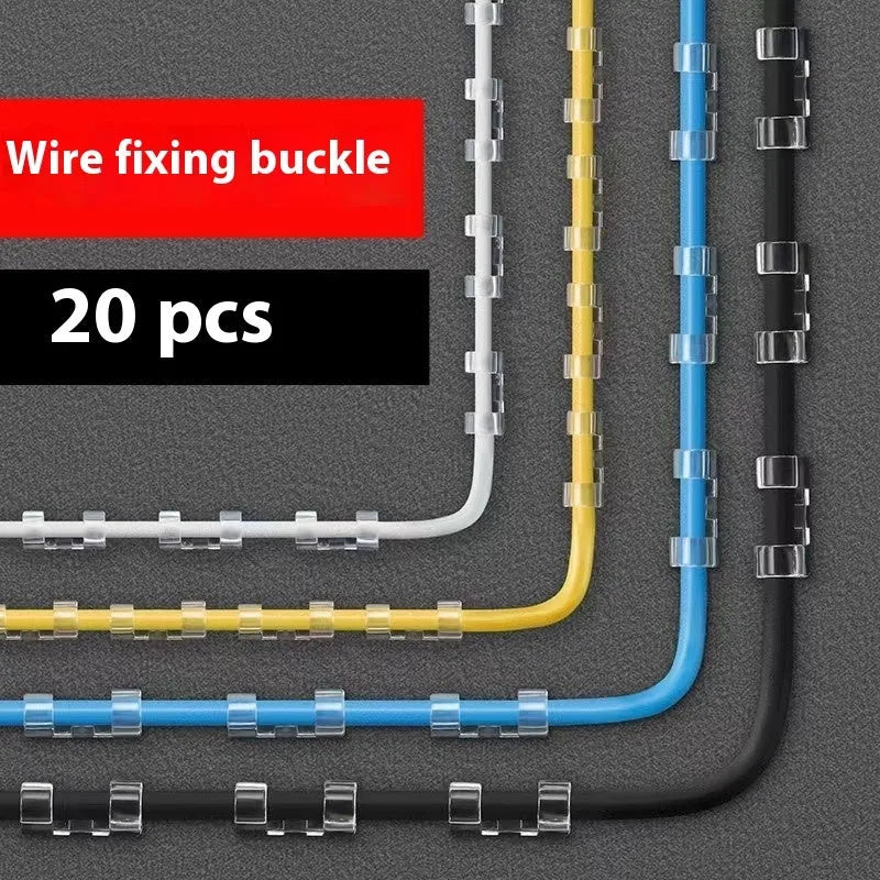 Transparent plastic self-adhesive cable routing clips in four sizes for wire organisation