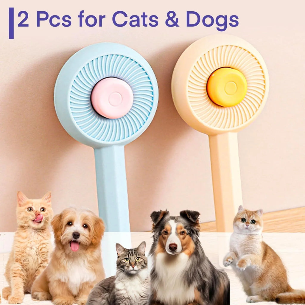 Blue self-cleaning pet grooming brush with angled stainless steel bristles and massage tips