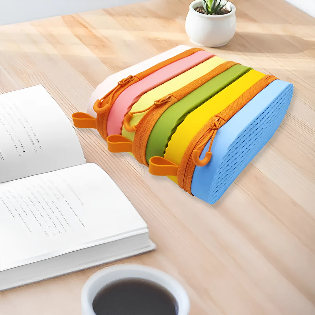 Silicone glasses case with long handle in rose red light purple colour showing dimensions