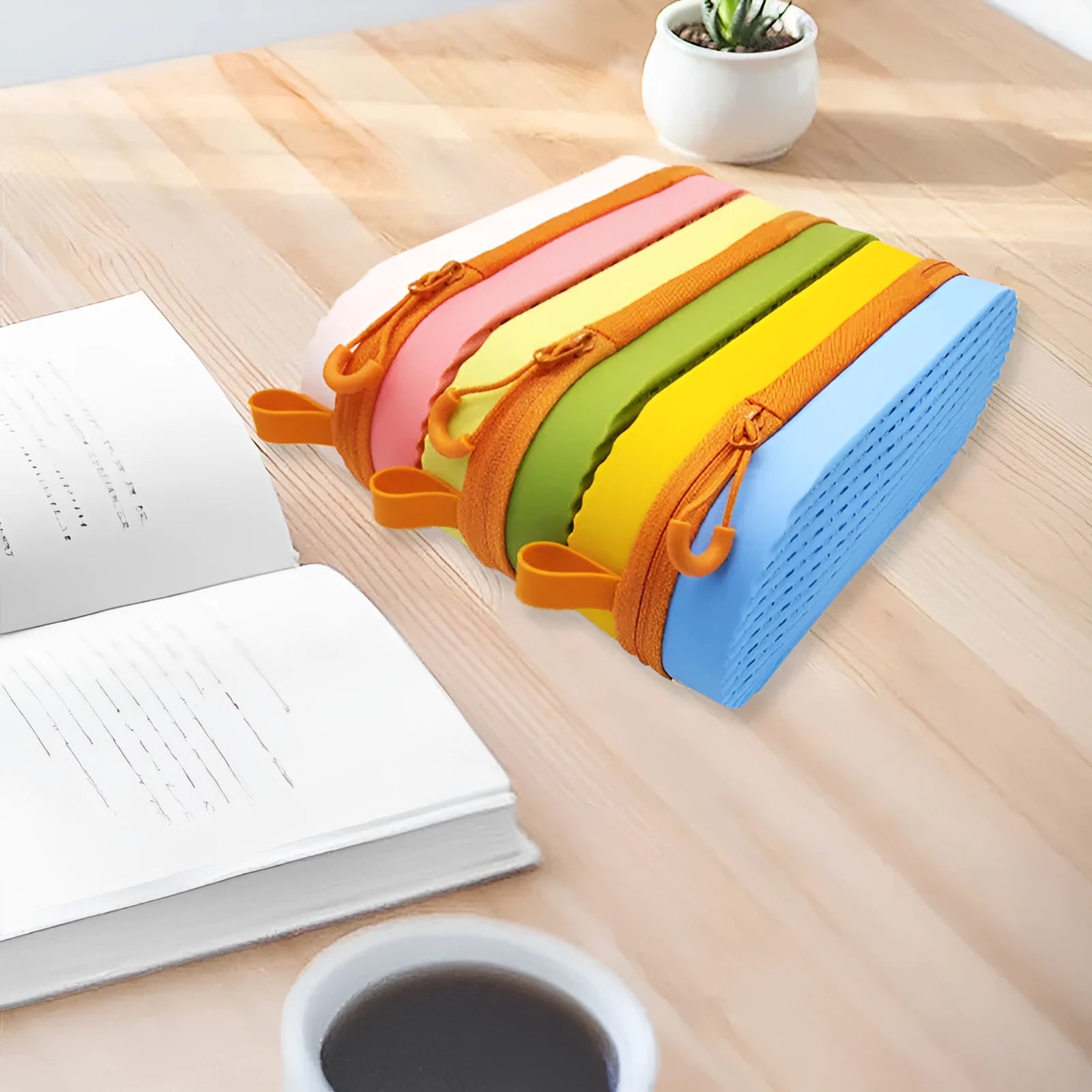 Silicone glasses case with long handle in rose red light purple colour showing dimensions
