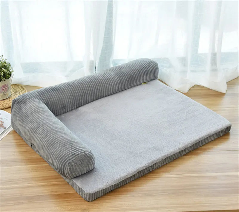 Corduroy dog sofa bed with bolsters in grey colour showing high-density sponge construction