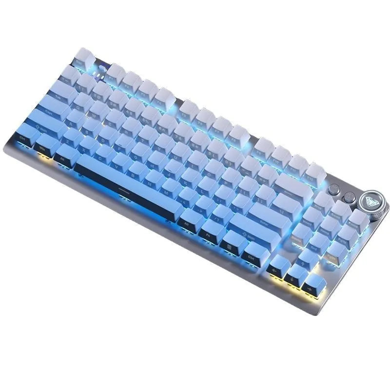 Wireless mechanical keyboard with metal construction and side-engraved keycaps showing Bluetooth connectivity options
