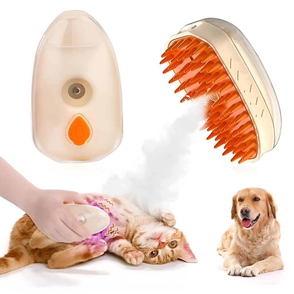 Yellow 4-in-1 cat steam brush with water spray, vibration massage, and ringworm detector light