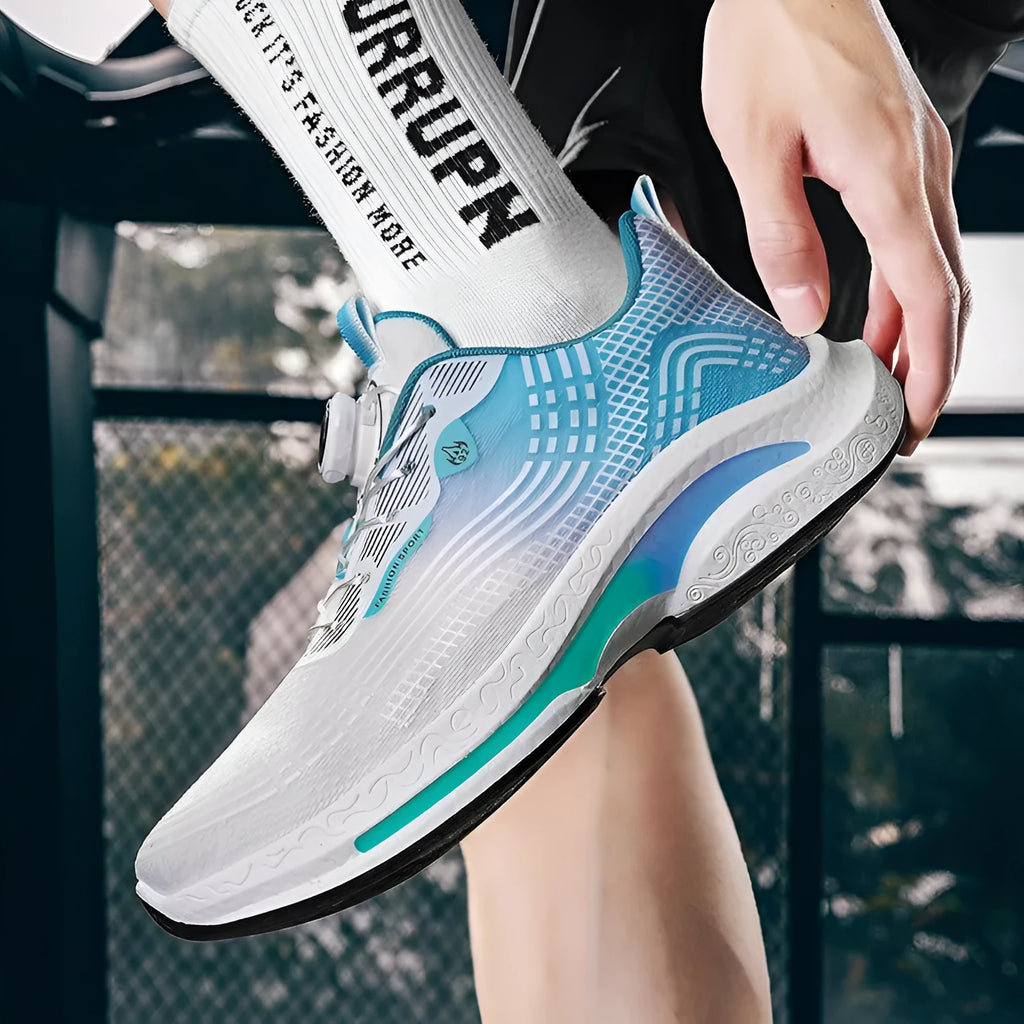 Men's low-top white and blue mesh sneakers with a rotating buckle closure and rubber sole.