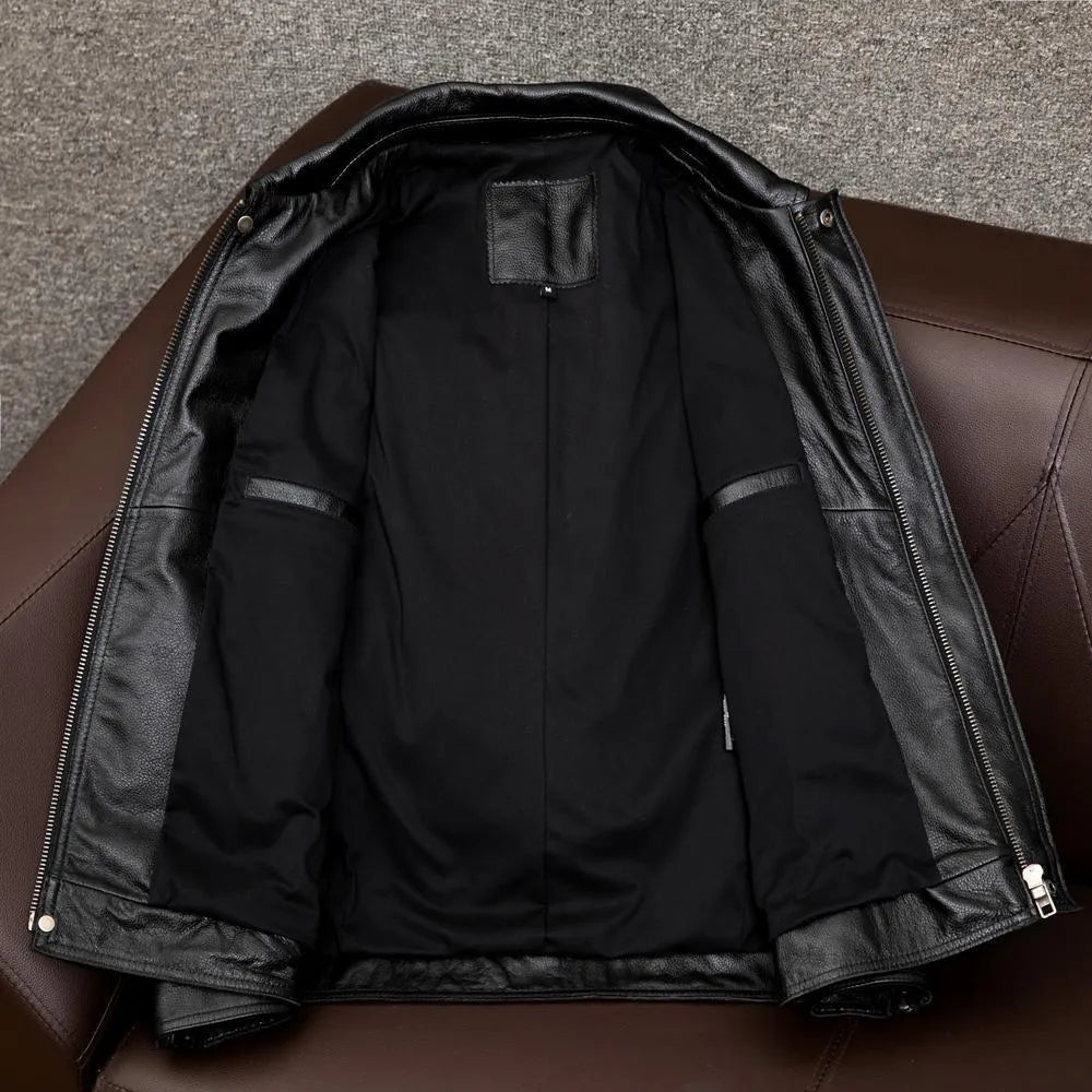 Male model wearing black PU leather lapel jacket with side seam pockets
