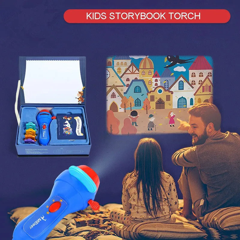 SmartKids children's story projector torch with four colourful projection discs on a white background.