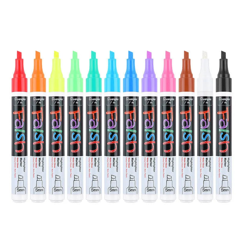 Electronic fluorescent plate highlighter with 6mm tip showing oblique pen shape and pressure valve design