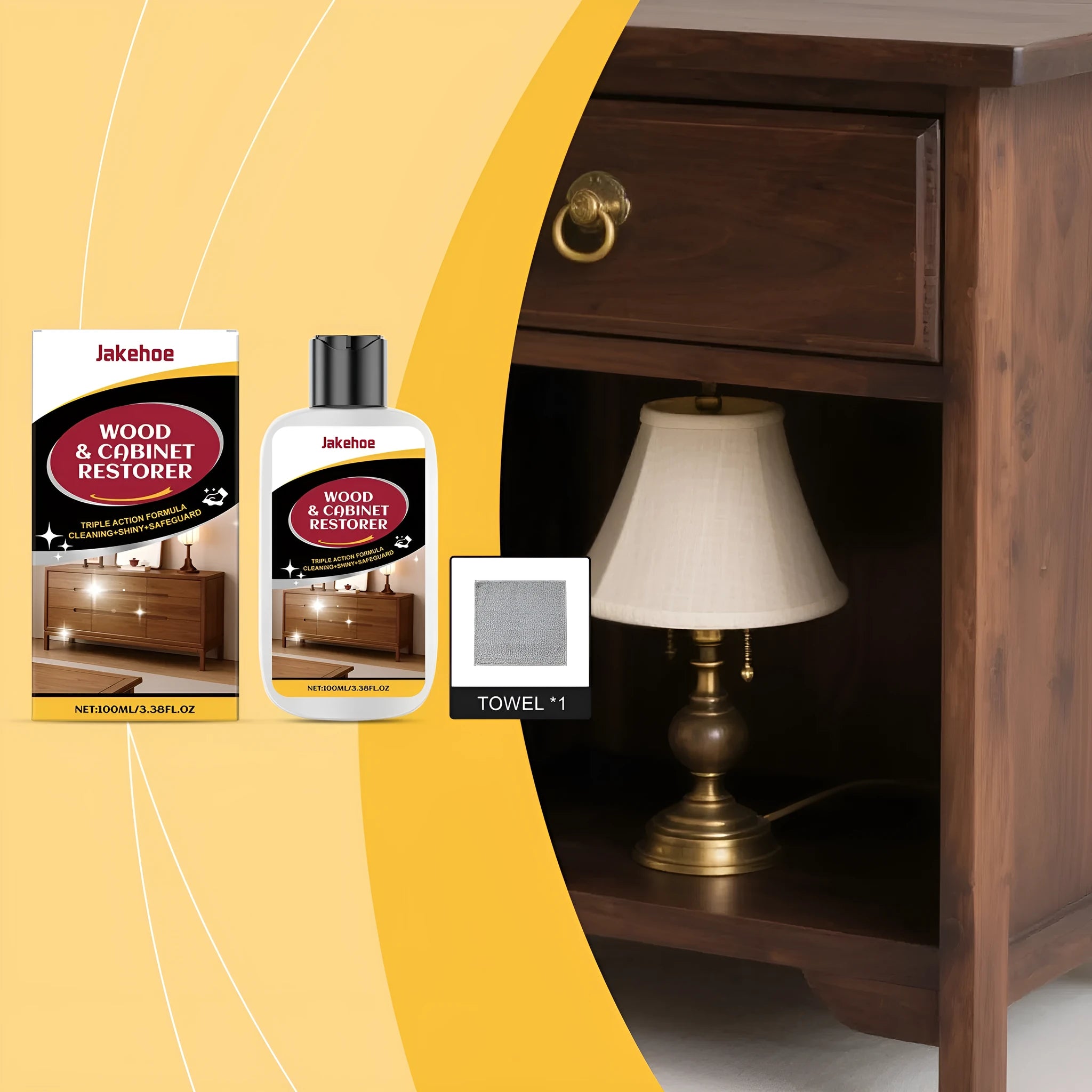 Wooden furniture scratch care kit showing 100ml bottle and 20x20cm microfiber towel for surface maintenance