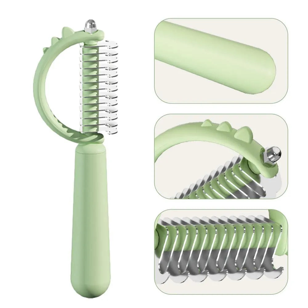 Blue dinosaur-shaped self-cleaning pet grooming brush with double-sided stainless steel pins on a white background.