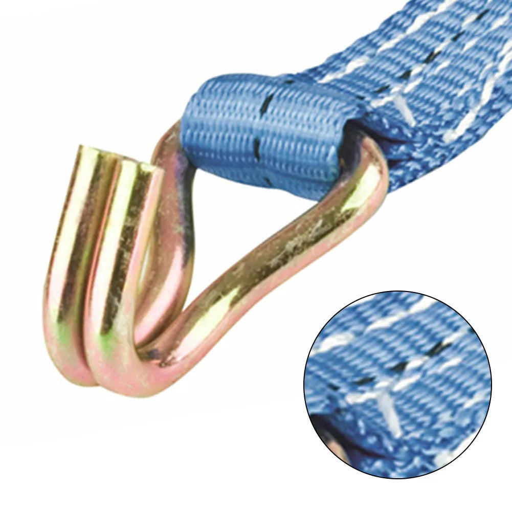 Steel ratchet tensioner fastening strap with double hooks and grey polyester webbing.