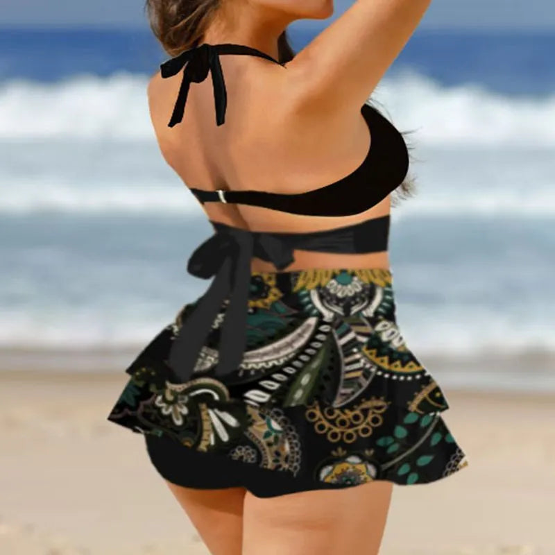 Purple high-waist women's bikini with lace-up top and matching split skirt