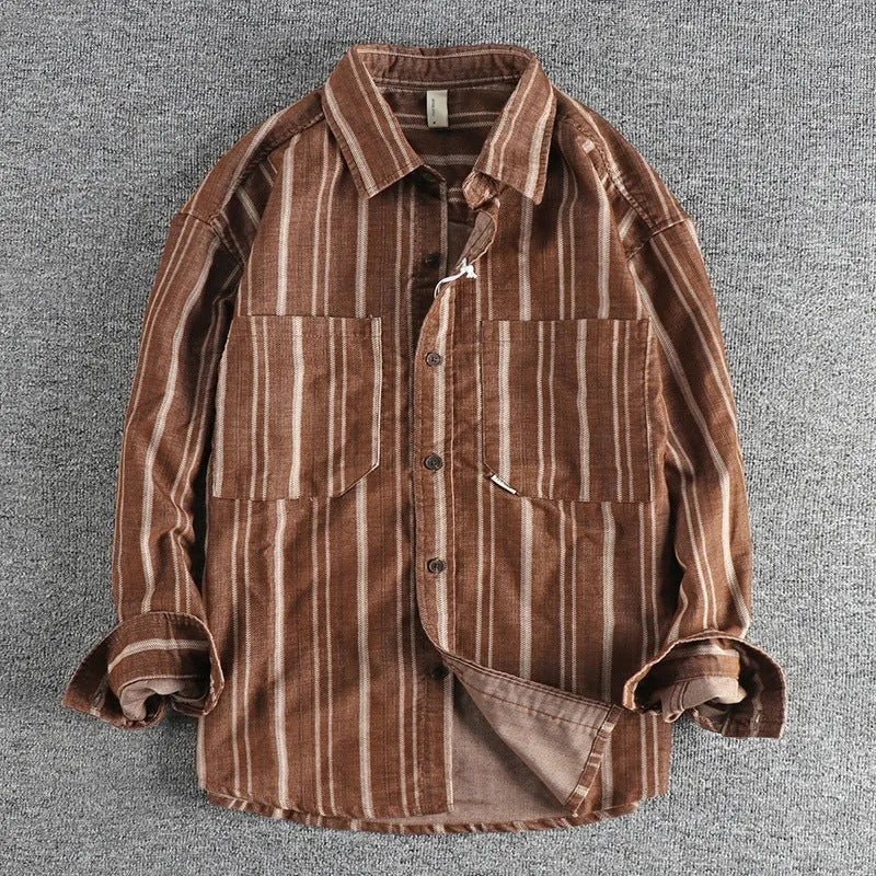 Men's vintage yarn-dyed striped casual shirt in loose fit Japanese retro style
