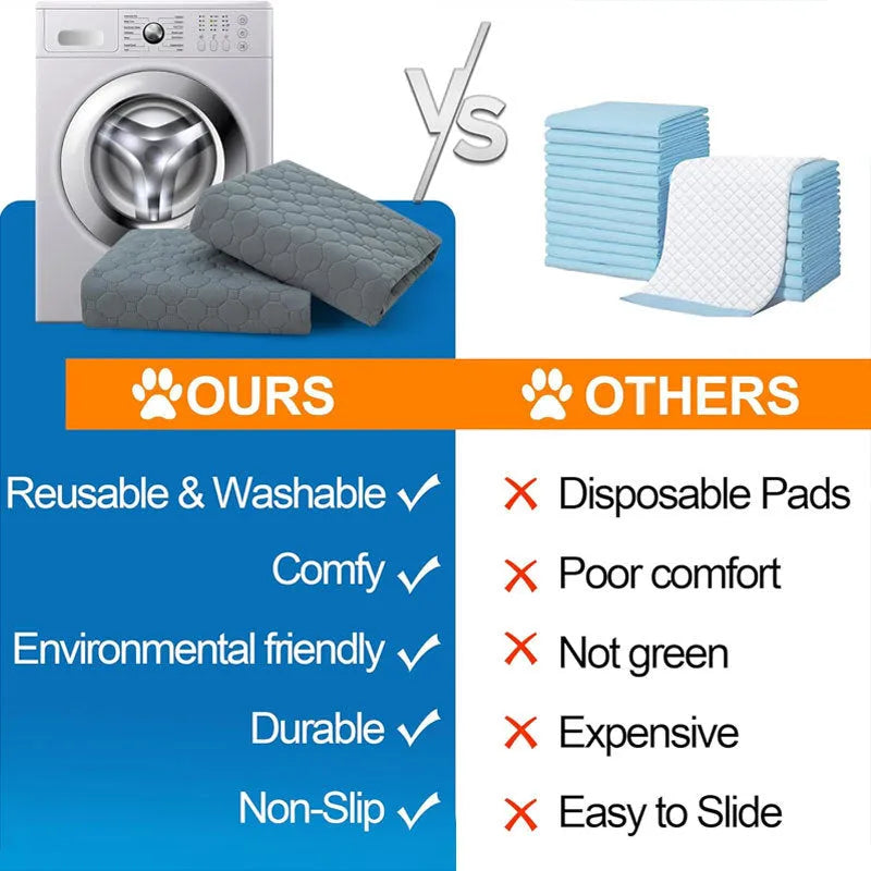 Washable dog pee pads in grey and tan colours showing multi-layer construction and triple-stitch binding