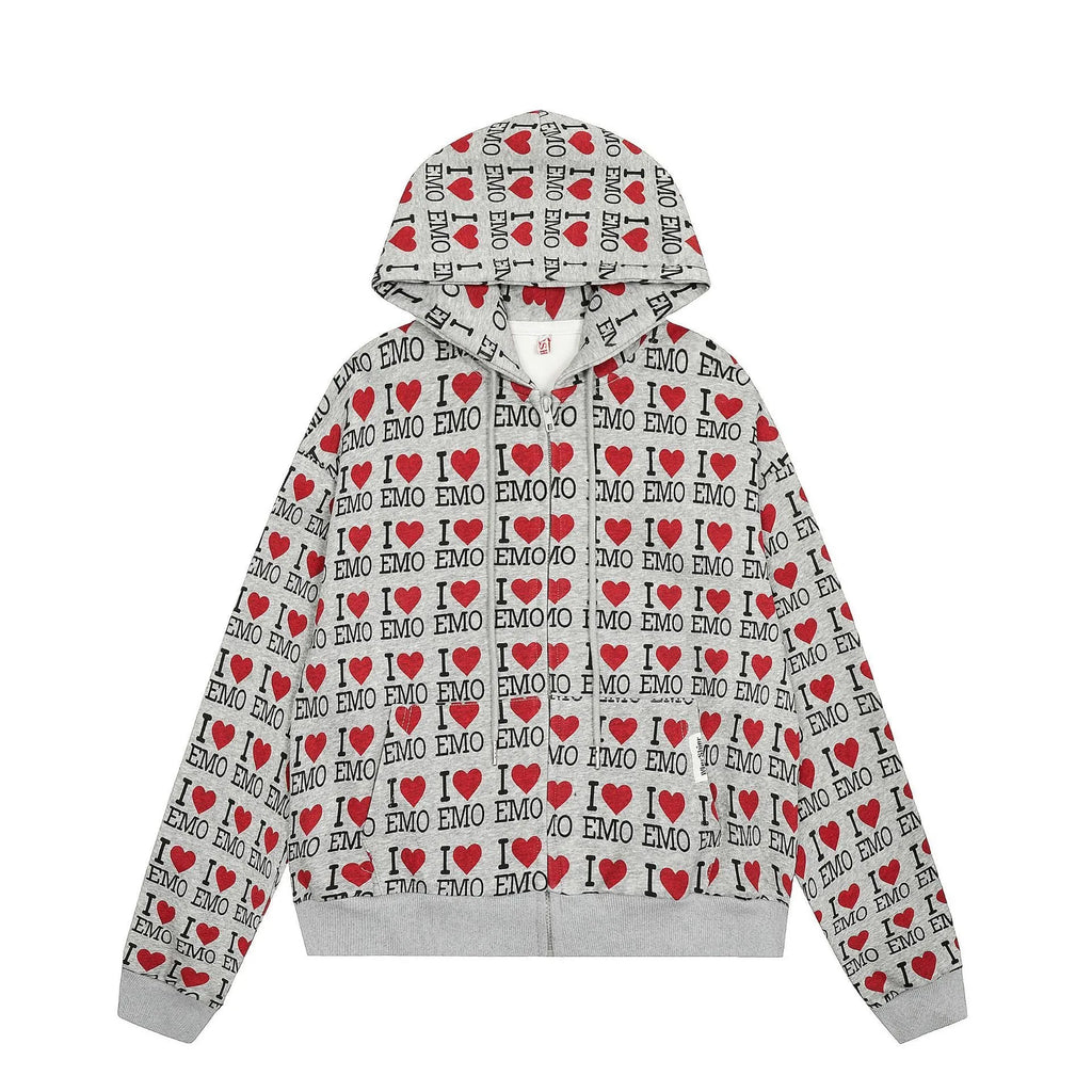 Women's grey cotton hooded cardigan sweater with a retro autumn pattern, shown in a street-fashion style.