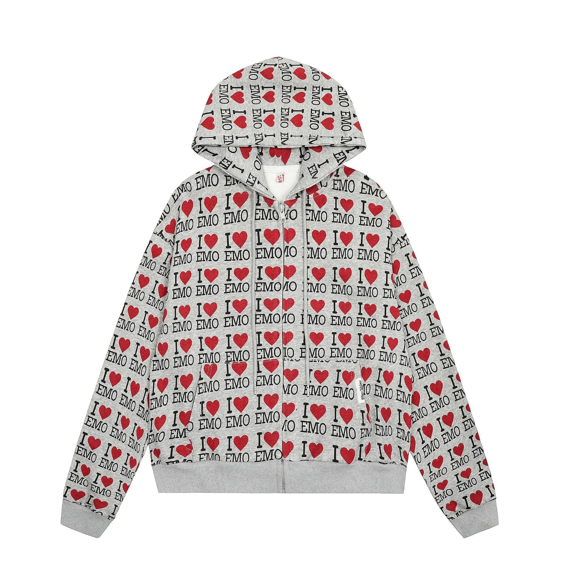 Women's grey cotton hooded cardigan sweater with a retro autumn pattern, shown in a street-fashion style.