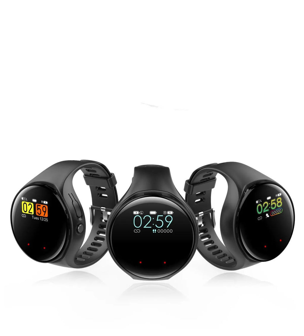 Black detachable smartwatch and Bluetooth headset combo showing fitness tracker bracelet and wireless earphones.