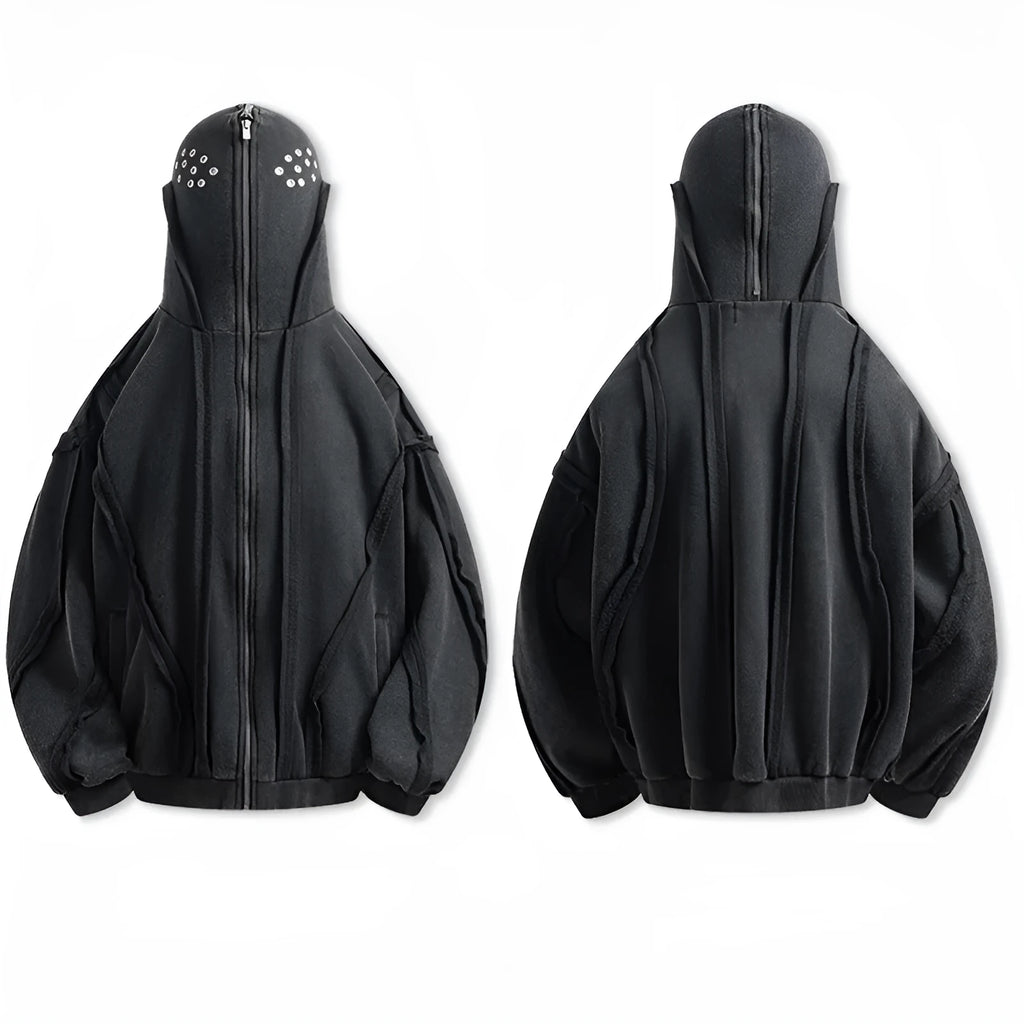 Black padded cotton hooded coat with abstract pattern and zip front in loose retro style