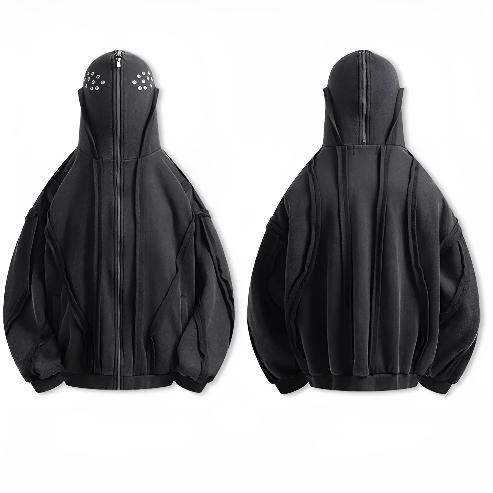 Black padded cotton hooded coat with abstract pattern and zip front in loose retro style