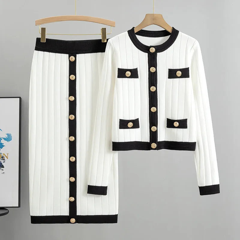 Women's contrast colour knitted cardigan and mid-length skirt two-piece set in viscose fibre with black colour option