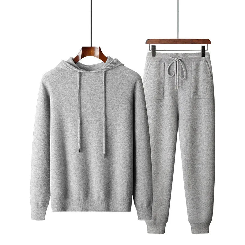 Men's light grey cashmere hooded sweatshirt and matching trousers set for winter leisure wear