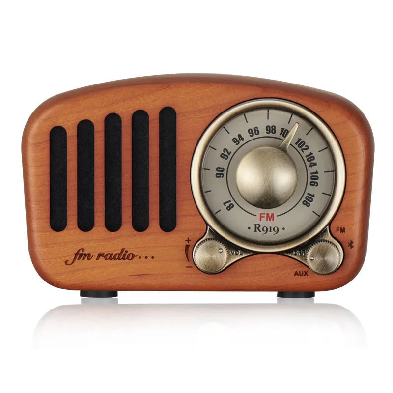 Retro wooden wireless mini speaker in cherry wood or walnut finish with compact dimensions