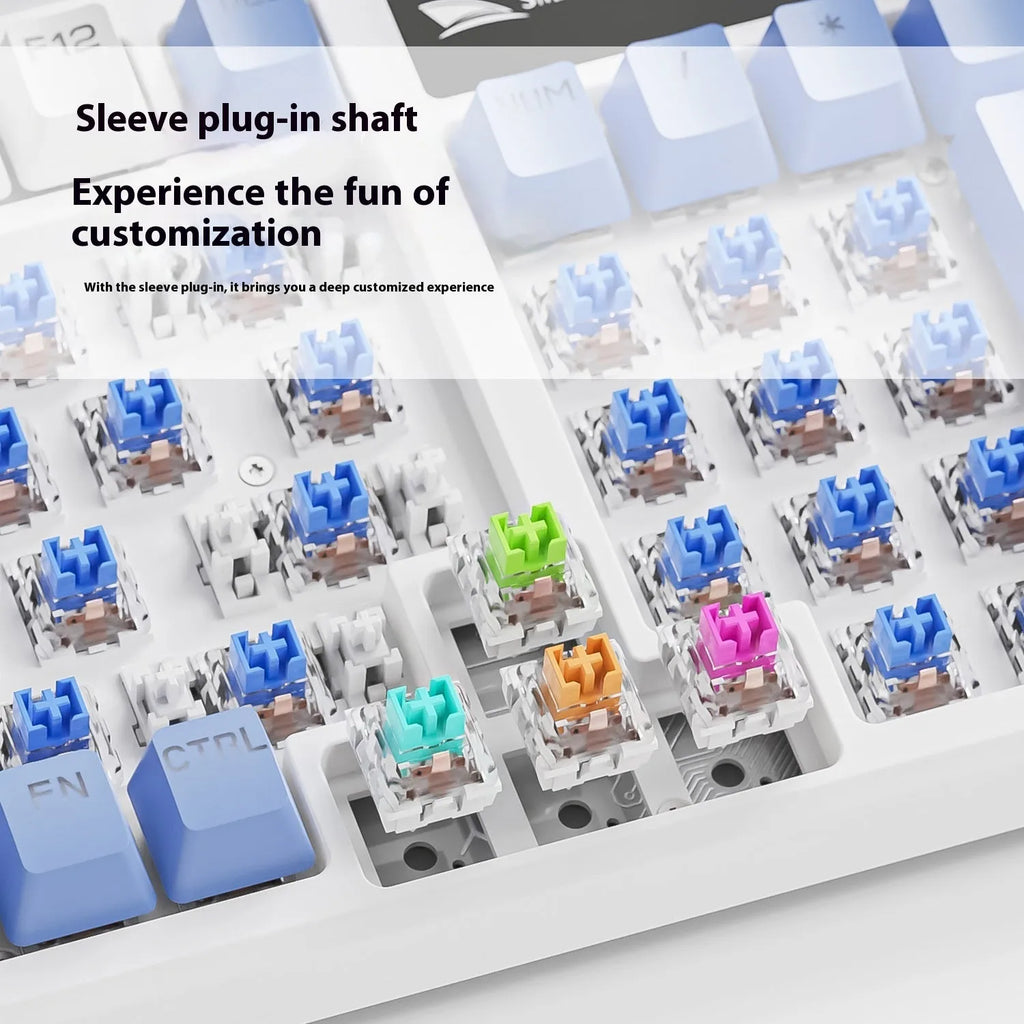 SK15 wired mechanical gaming keyboard with control knob in Autumn Water Blue colour on a desk.