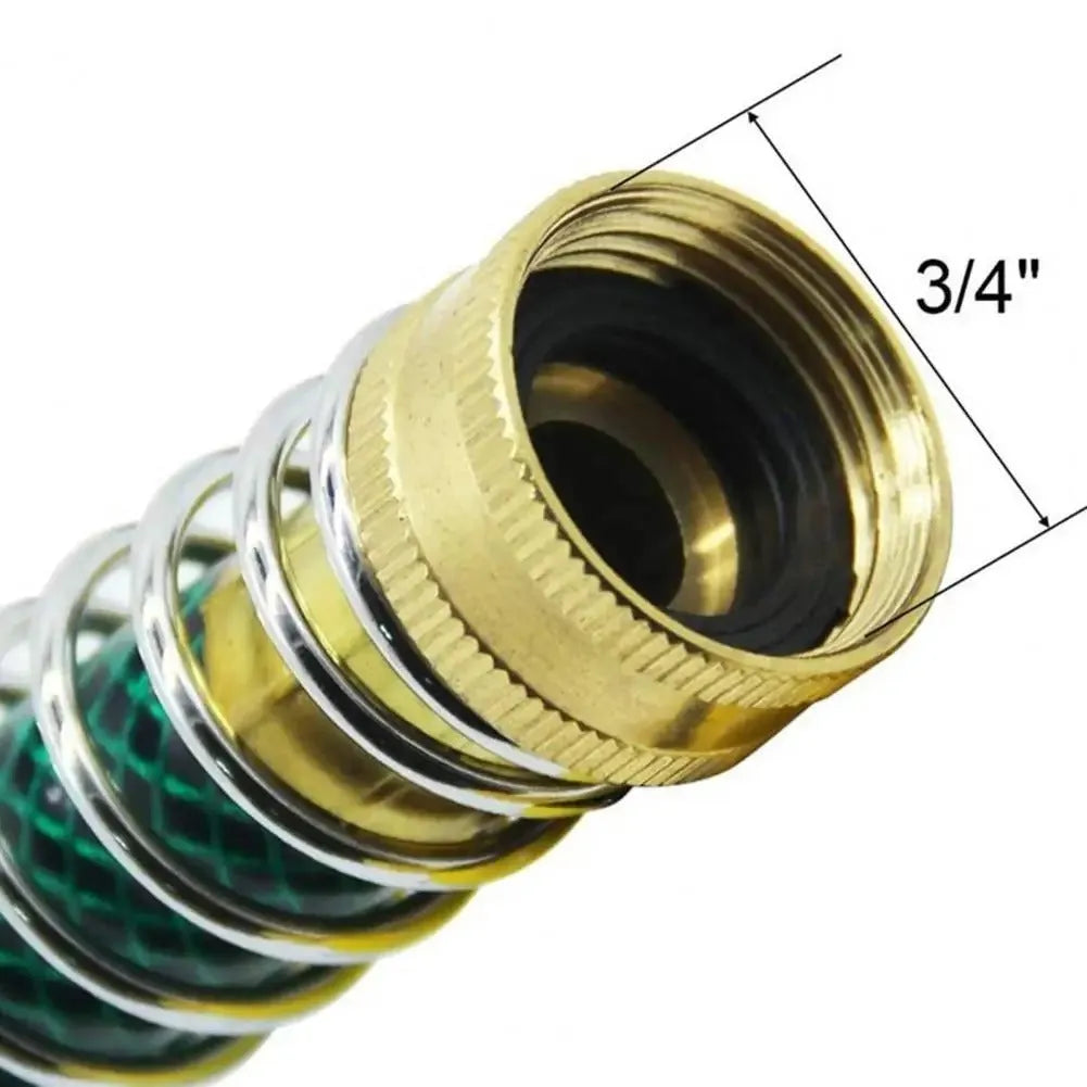 Brass garden hose spring connector with spiral visible inside, shown next to a tape measure indicating 15 cm length.