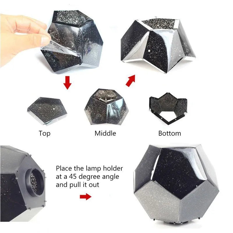 LED starry sky projector night light projecting constellations on a bedroom ceiling with remote control.