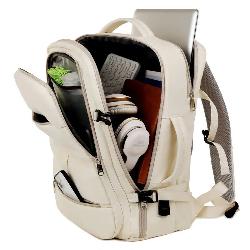Large waterproof backpack with multiple pockets holding 15.6 inch laptop, shown in black colour option