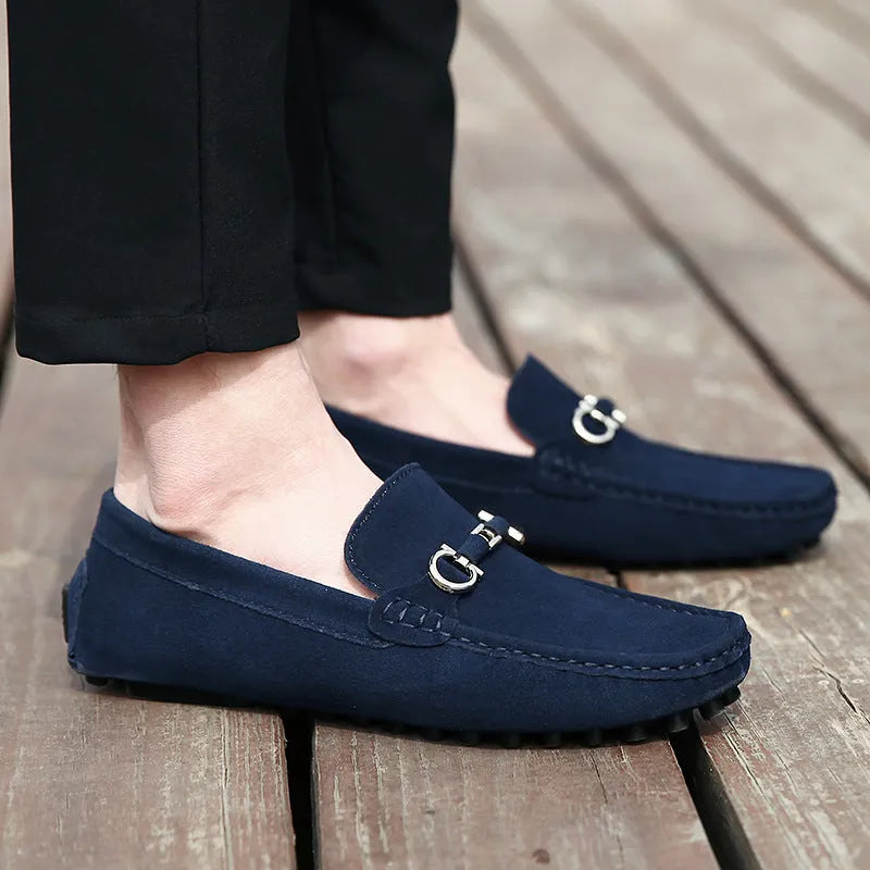 Men's black slip-on cowhide leather shoes with square toe and decorative stitching