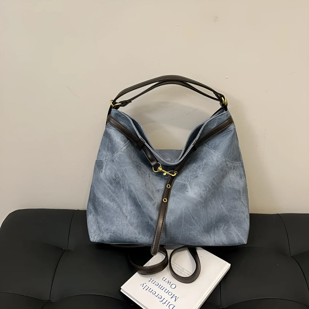 Retro large capacity PU tote bag in black with double shoulder straps and sewing line detail