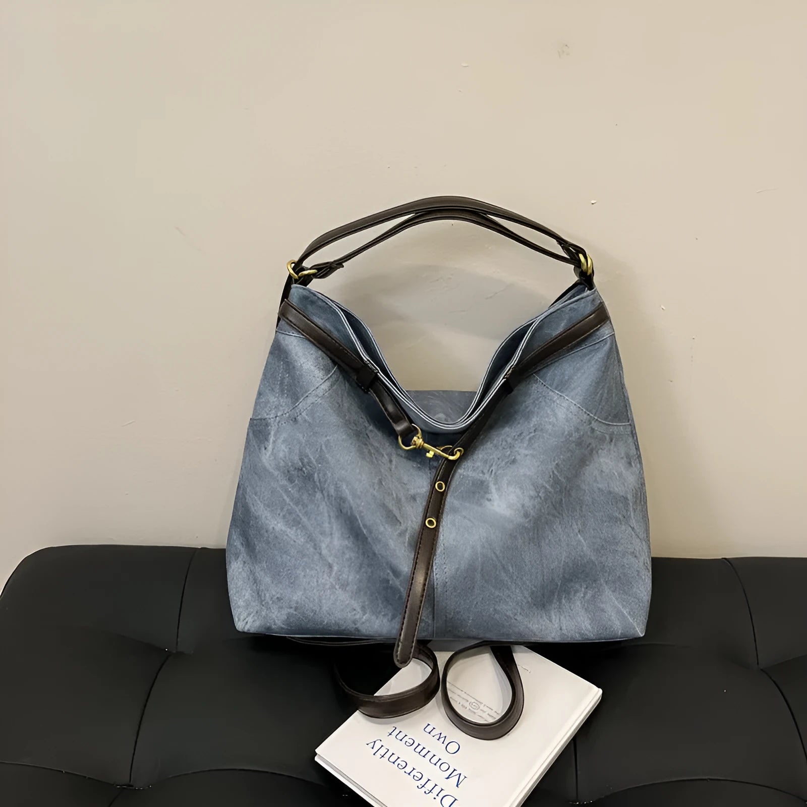Retro large capacity PU tote bag in black with double shoulder straps and sewing line detail
