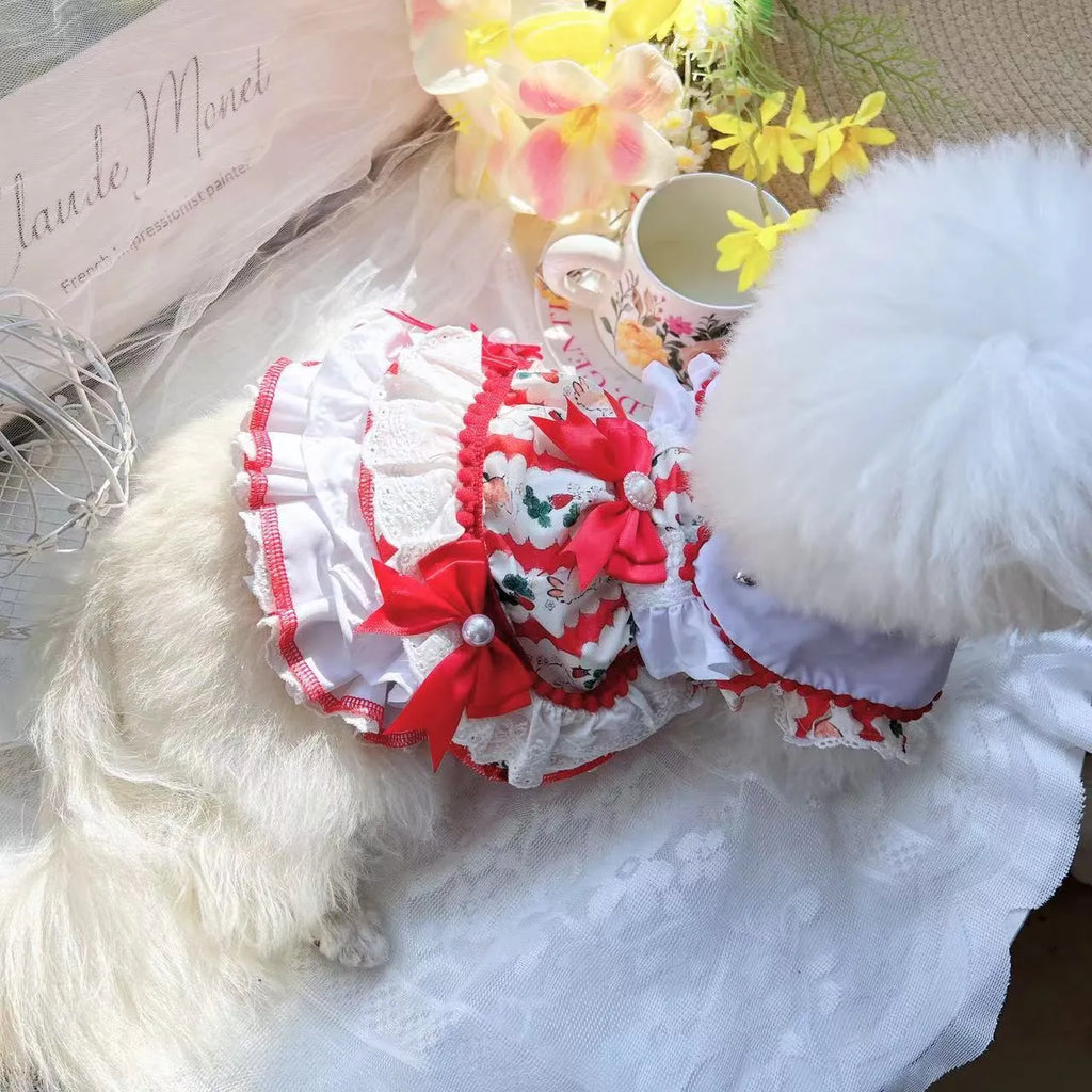 White rabbit skirt princess dress for a small dog on a mannequin, showing the tiered skirt design.