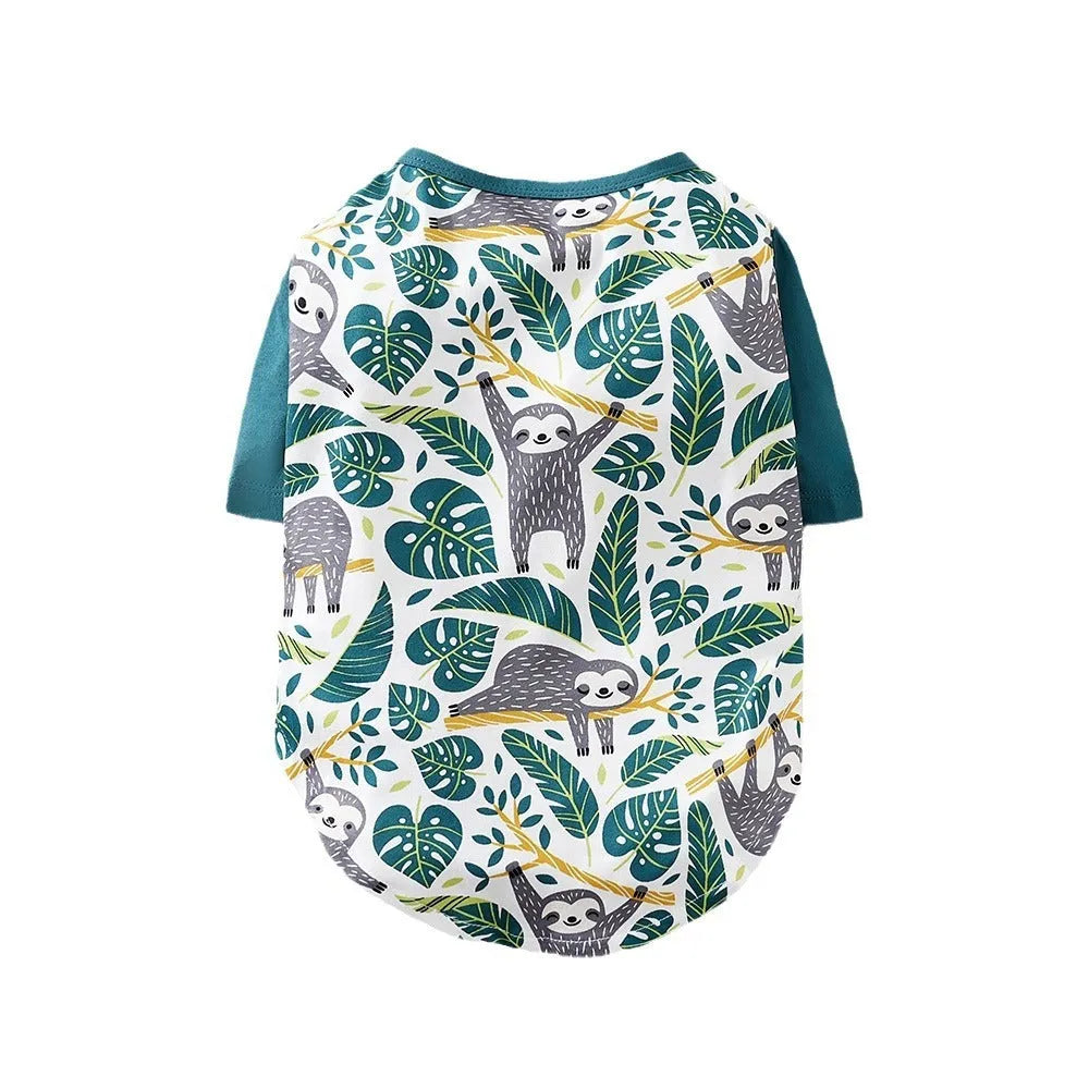 Printed polyester casual t-shirt for small dogs with full graphic design showing colour variants and size options
