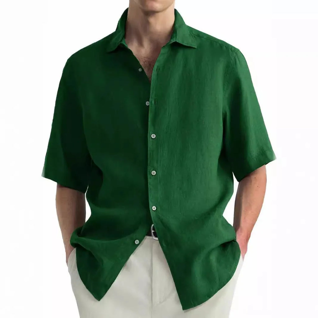 Men's green casual shirt in washed pure cotton fabric with cardigan style regular fit