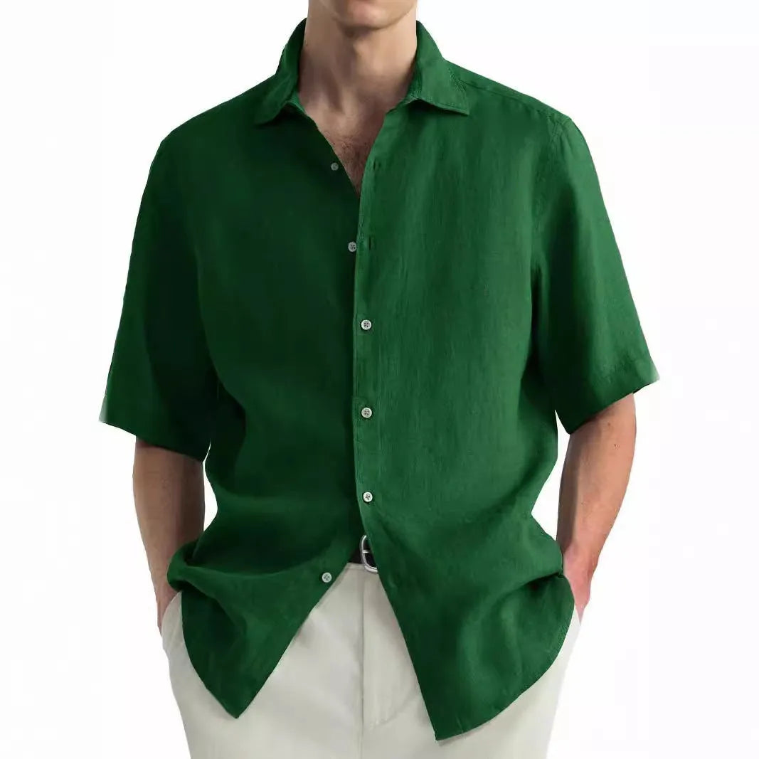 Men's green casual shirt in washed pure cotton fabric with cardigan style regular fit
