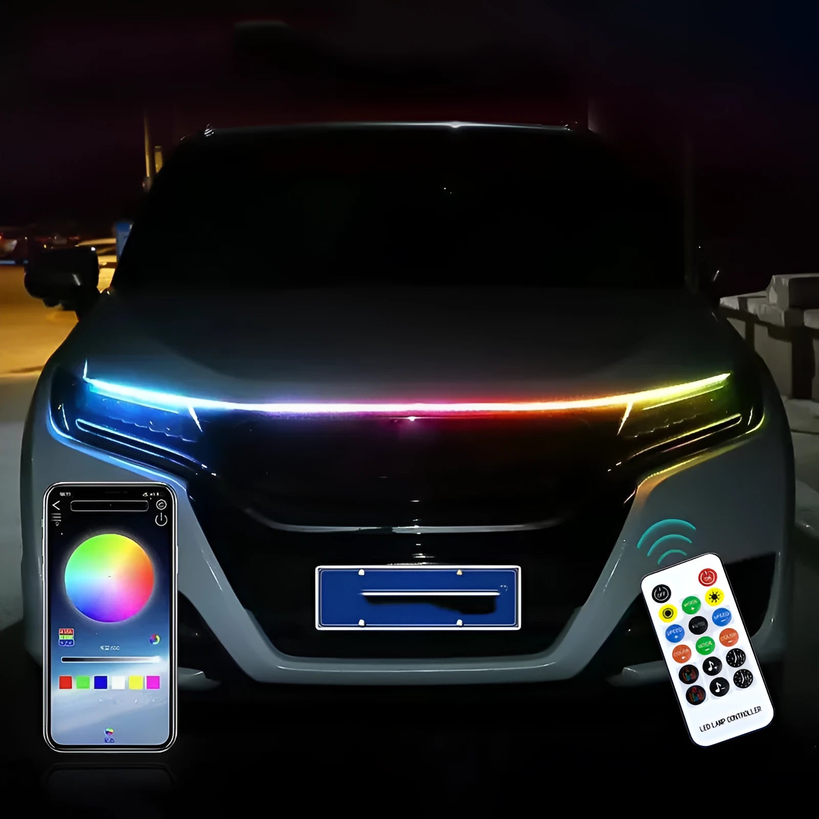 Flexible PVC LED light strip for installing on General Motors car engine covers, showing different colour options.